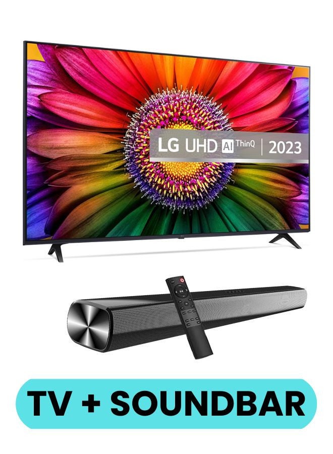 LG - 65 Inch UHD UR80 4K Smart TV with HDR10 Pro, 50Hz, α5 AI Processor 4K Gen6, webOS 23, and 2.0 Channel 600W Soundbar, Bluetooth, USB, FM Radio TH-N322B + 65UR80006LJ+SOUNDBAR Black - Image 1