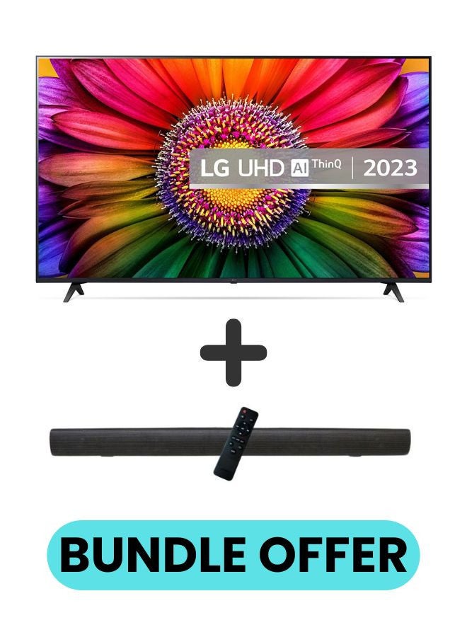 65 Inch UHD UR80 4K Smart TV with HDR10 Pro, 50Hz, α5 AI Processor 4K Gen6, webOS 23, and 2.0 Channel 600W Soundbar, Bluetooth, USB, FM Radio TH-N322B + 65UR80006LJ+SOUNDBAR Black
