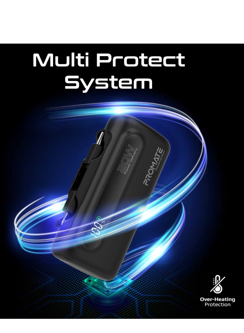 PROMATE - 5000 mAh Portable Power Bank Mini with 20W USB-C In/Out Foldable Connector, 12W Lightning Foldable Connector, Ultra-Fast 20W USB Port PowerUp-Duo Black - Image 1