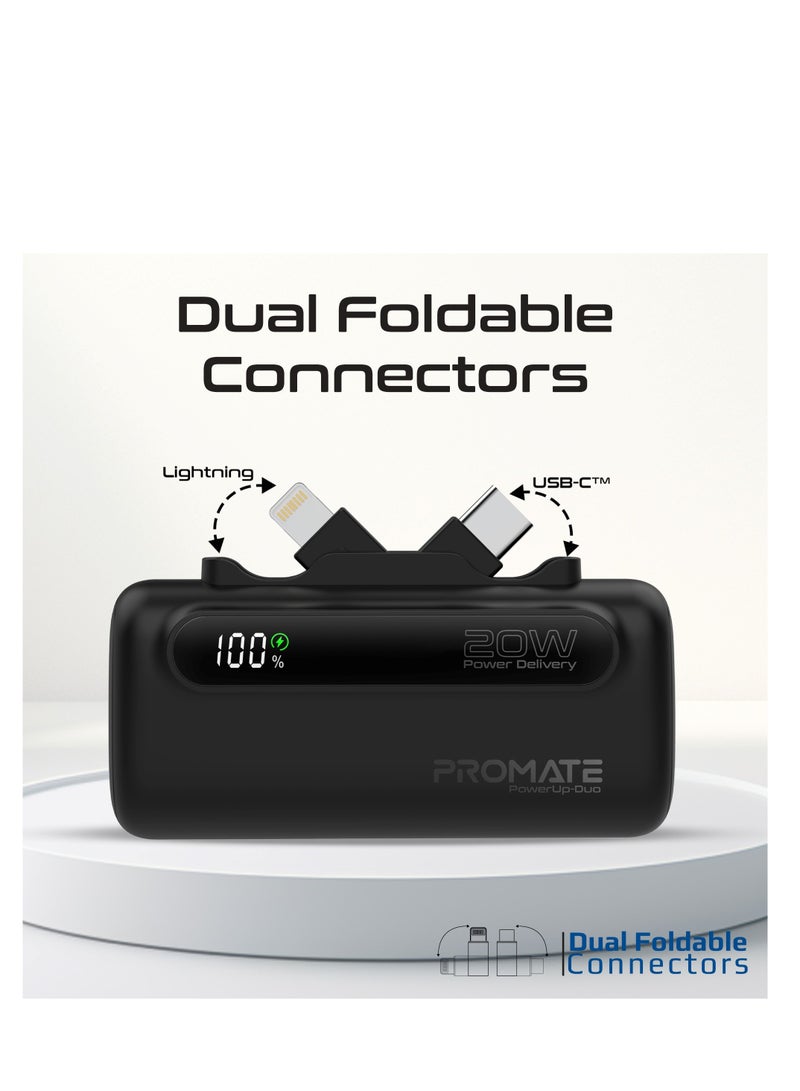 PROMATE - 5000 mAh Portable Power Bank Mini with 20W USB-C In/Out Foldable Connector, 12W Lightning Foldable Connector, Ultra-Fast 20W USB Port PowerUp-Duo Black - Image 1