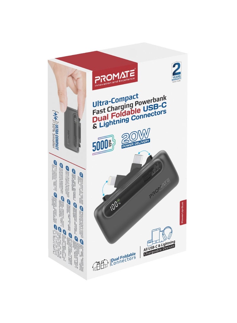 PROMATE - 5000 mAh Portable Power Bank Mini with 20W USB-C In/Out Foldable Connector, 12W Lightning Foldable Connector, Ultra-Fast 20W USB Port PowerUp-Duo Black - Image 1