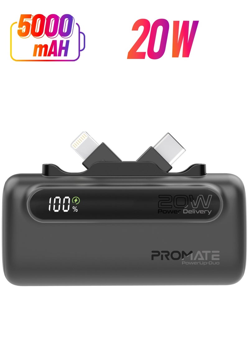 PROMATE - 5000 mAh Portable Power Bank Mini with 20W USB-C In/Out Foldable Connector, 12W Lightning Foldable Connector, Ultra-Fast 20W USB Port PowerUp-Duo Black - Image 1