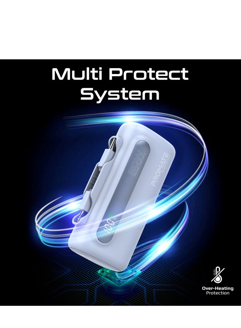 PROMATE - 5000 mAh Portable Power Bank Mini with 20W USB-C In/Out Foldable Connector, 12W Lightning Foldable Connector, Ultra-Fast 20W USB Port PowerUp-Duo Blue - Image 1
