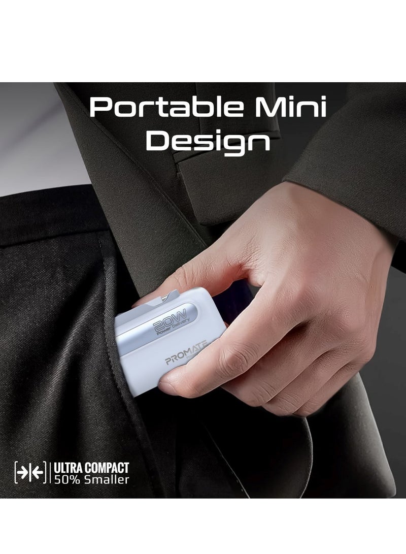 PROMATE - 5000 mAh Portable Power Bank Mini with 20W USB-C In/Out Foldable Connector, 12W Lightning Foldable Connector, Ultra-Fast 20W USB Port PowerUp-Duo Blue - Image 1