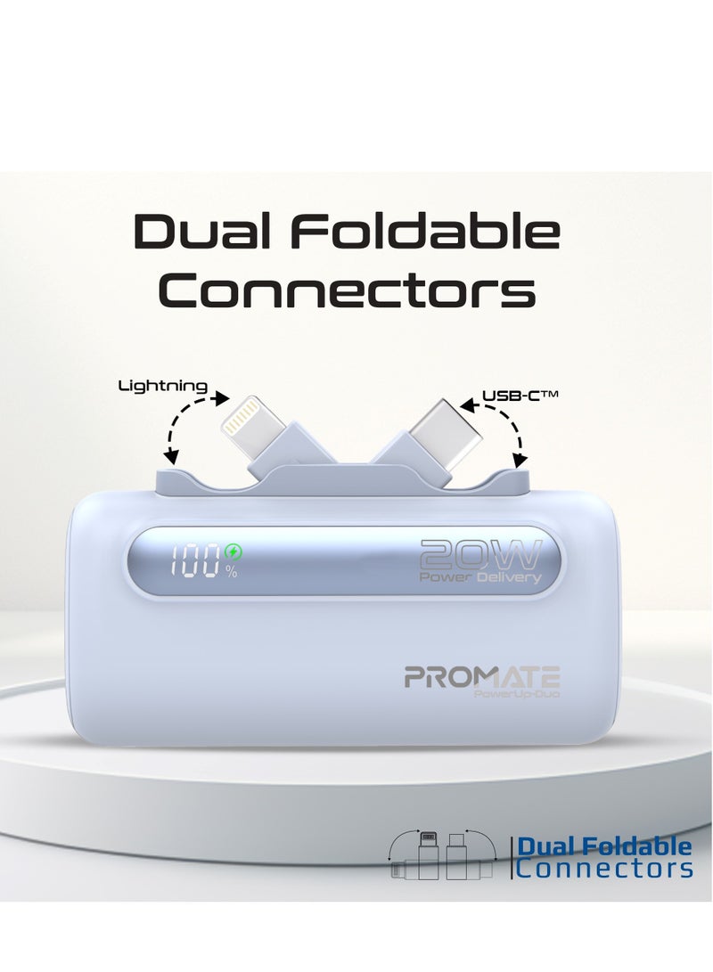 PROMATE - 5000 mAh Portable Power Bank Mini with 20W USB-C In/Out Foldable Connector, 12W Lightning Foldable Connector, Ultra-Fast 20W USB Port PowerUp-Duo Blue - Image 1