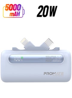 5000 mAh Portable Power Bank Mini with 20W USB-C In/Out Foldable Connector, 12W Lightning Foldable Connector, Ultra-Fast 20W USB Port PowerUp-Duo Blue