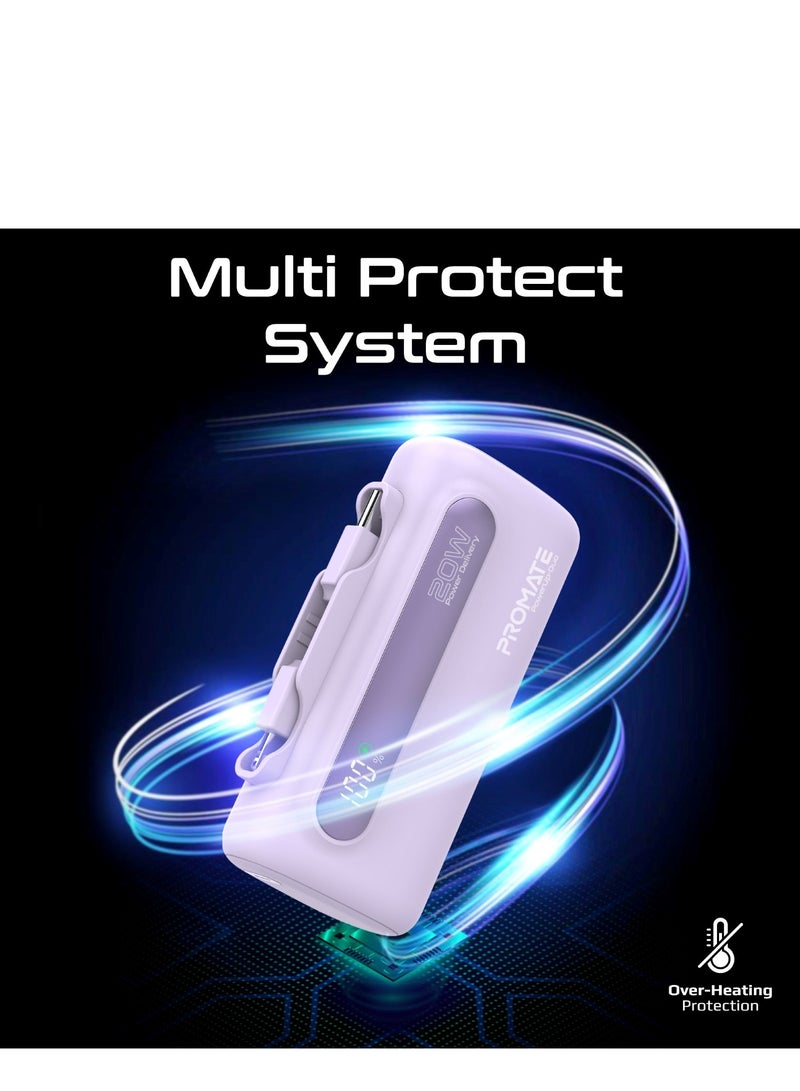 PROMATE - 5000 mAh Portable Power Bank Mini with 20W USB-C In/Out Foldable Connector, 12W Lightning Foldable Connector, Ultra-Fast 20W USB Port PowerUp-Duo Purple - Image 1