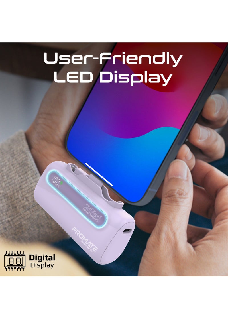 PROMATE - 5000 mAh Portable Power Bank Mini with 20W USB-C In/Out Foldable Connector, 12W Lightning Foldable Connector, Ultra-Fast 20W USB Port PowerUp-Duo Purple - Image 1