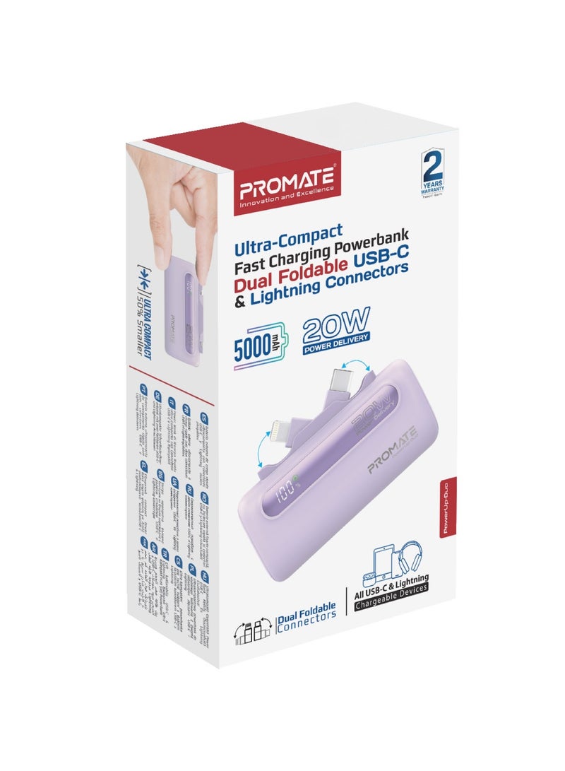 PROMATE - 5000 mAh Portable Power Bank Mini with 20W USB-C In/Out Foldable Connector, 12W Lightning Foldable Connector, Ultra-Fast 20W USB Port PowerUp-Duo Purple - Image 1