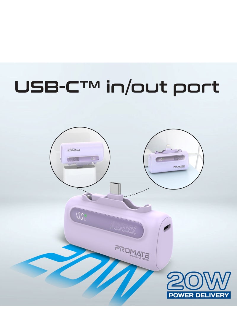PROMATE - 5000 mAh Portable Power Bank Mini with 20W USB-C In/Out Foldable Connector, 12W Lightning Foldable Connector, Ultra-Fast 20W USB Port PowerUp-Duo Purple - Image 1