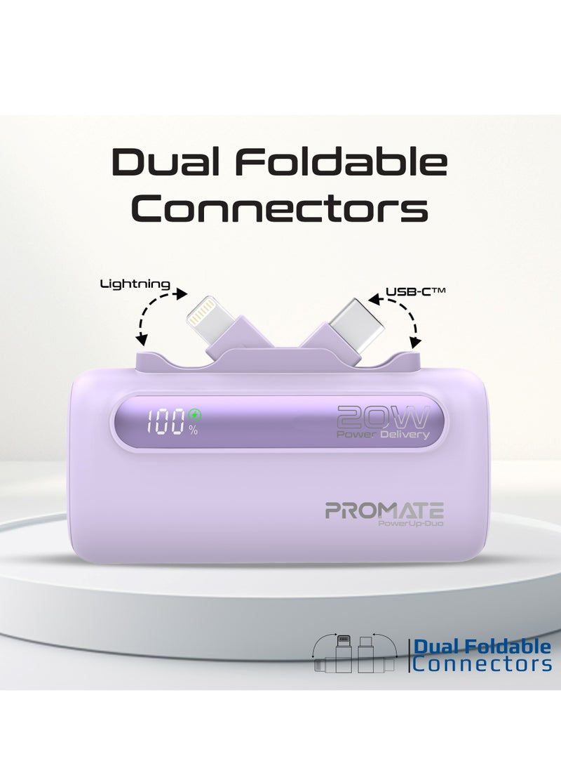 PROMATE - 5000 mAh Portable Power Bank Mini with 20W USB-C In/Out Foldable Connector, 12W Lightning Foldable Connector, Ultra-Fast 20W USB Port PowerUp-Duo Purple - Image 1