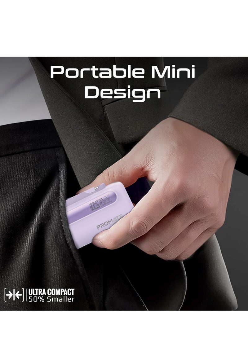 PROMATE - 5000 mAh Portable Power Bank Mini with 20W USB-C In/Out Foldable Connector, 12W Lightning Foldable Connector, Ultra-Fast 20W USB Port PowerUp-Duo Purple - Image 1