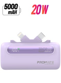 5000 mAh Portable Power Bank Mini with 20W USB-C In/Out Foldable Connector, 12W Lightning Foldable Connector, Ultra-Fast 20W USB Port PowerUp-Duo Purple