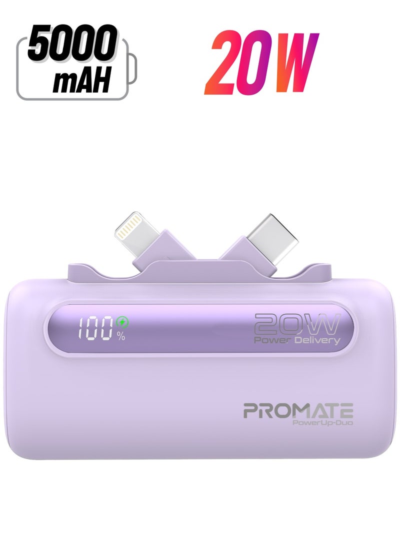 PROMATE - 5000 mAh Portable Power Bank Mini with 20W USB-C In/Out Foldable Connector, 12W Lightning Foldable Connector, Ultra-Fast 20W USB Port PowerUp-Duo Purple - Image 1