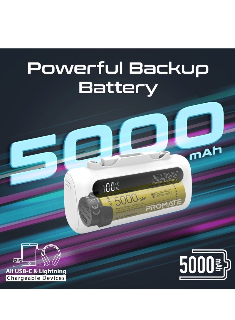 PROMATE - 5000 mAh Portable Power Bank Mini with 20W USB-C In/Out Foldable Connector, 12W Lightning Foldable Connector, Ultra-Fast 20W USB Port PowerUp-Duo White - Image 1