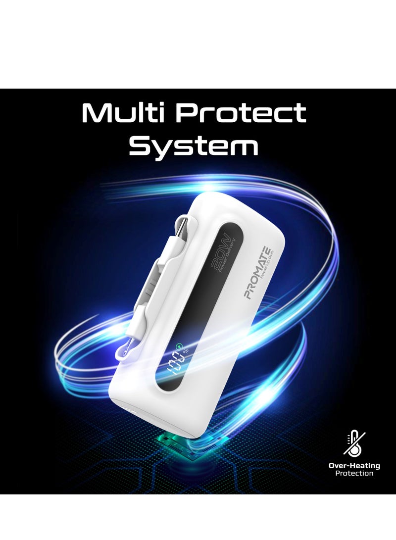 PROMATE - 5000 mAh Portable Power Bank Mini with 20W USB-C In/Out Foldable Connector, 12W Lightning Foldable Connector, Ultra-Fast 20W USB Port PowerUp-Duo White - Image 1