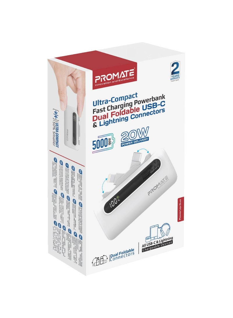 PROMATE - 5000 mAh Portable Power Bank Mini with 20W USB-C In/Out Foldable Connector, 12W Lightning Foldable Connector, Ultra-Fast 20W USB Port PowerUp-Duo White - Image 1