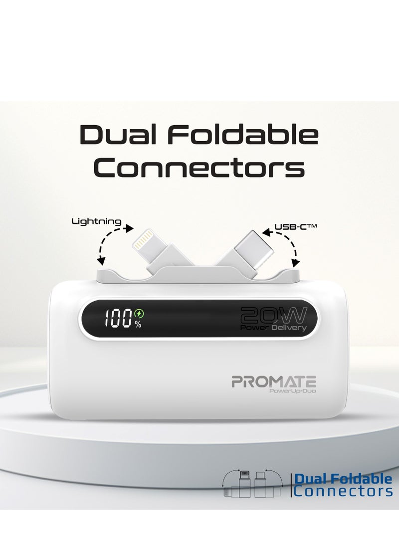 PROMATE - 5000 mAh Portable Power Bank Mini with 20W USB-C In/Out Foldable Connector, 12W Lightning Foldable Connector, Ultra-Fast 20W USB Port PowerUp-Duo White - Image 1