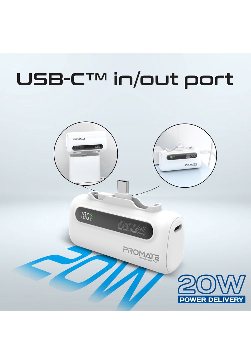 PROMATE - 5000 mAh Portable Power Bank Mini with 20W USB-C In/Out Foldable Connector, 12W Lightning Foldable Connector, Ultra-Fast 20W USB Port PowerUp-Duo White - Image 1
