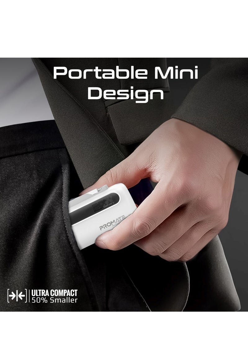 PROMATE - 5000 mAh Portable Power Bank Mini with 20W USB-C In/Out Foldable Connector, 12W Lightning Foldable Connector, Ultra-Fast 20W USB Port PowerUp-Duo White - Image 1