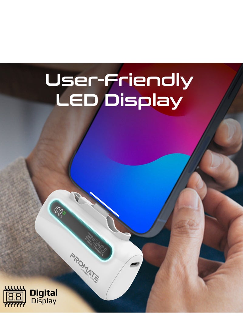 PROMATE - 5000 mAh Portable Power Bank Mini with 20W USB-C In/Out Foldable Connector, 12W Lightning Foldable Connector, Ultra-Fast 20W USB Port PowerUp-Duo White - Image 1