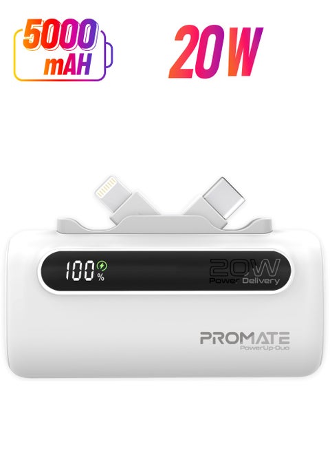 5000 mAh Portable Power Bank Mini with 20W USB-C In/Out Foldable Connector, 12W Lightning Foldable Connector, Ultra-Fast 20W USB Port PowerUp-Duo White
