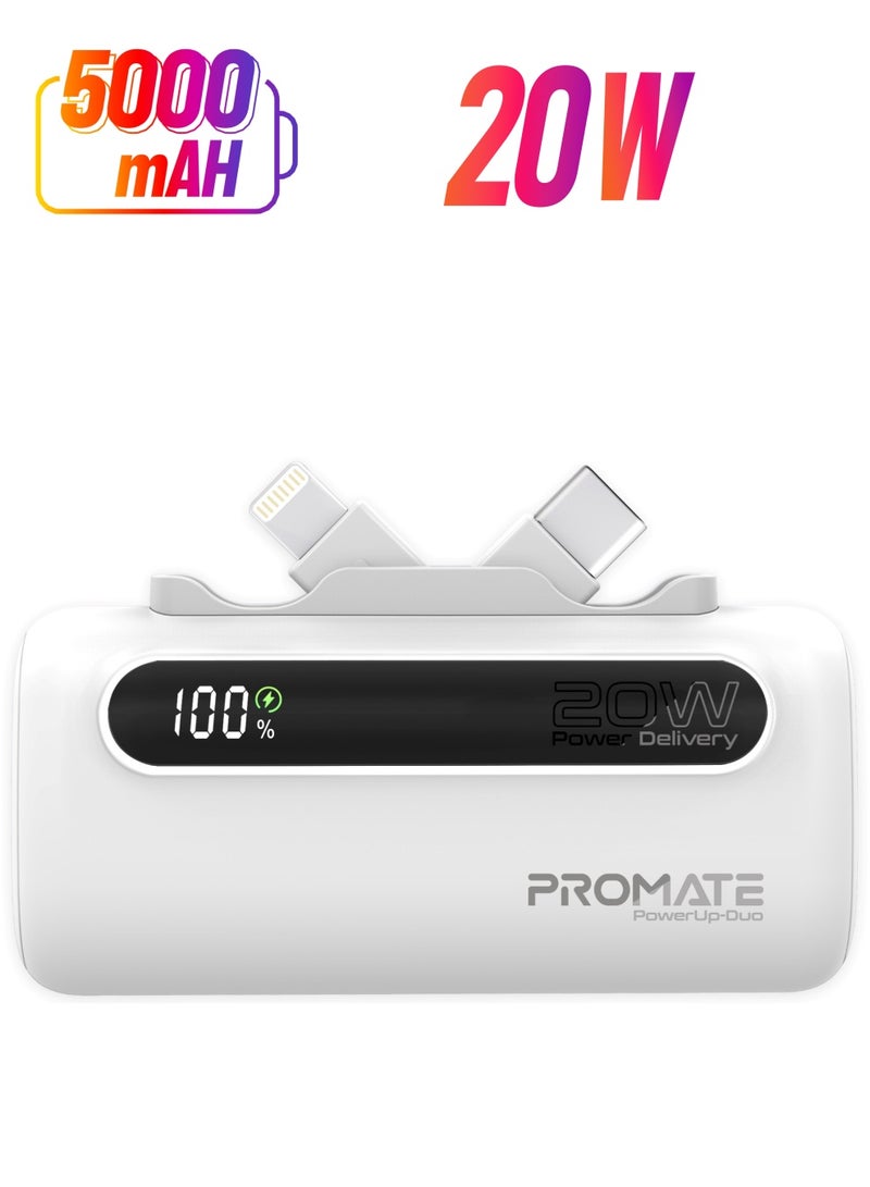 PROMATE - 5000 mAh Portable Power Bank Mini with 20W USB-C In/Out Foldable Connector, 12W Lightning Foldable Connector, Ultra-Fast 20W USB Port PowerUp-Duo White - Image 1