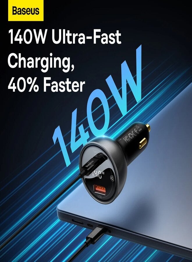Baseus - Digital Display PD3.1 Dual Fast Charger Car Charger U+C 140W Set With C To C 240W 1m Black - Image 1