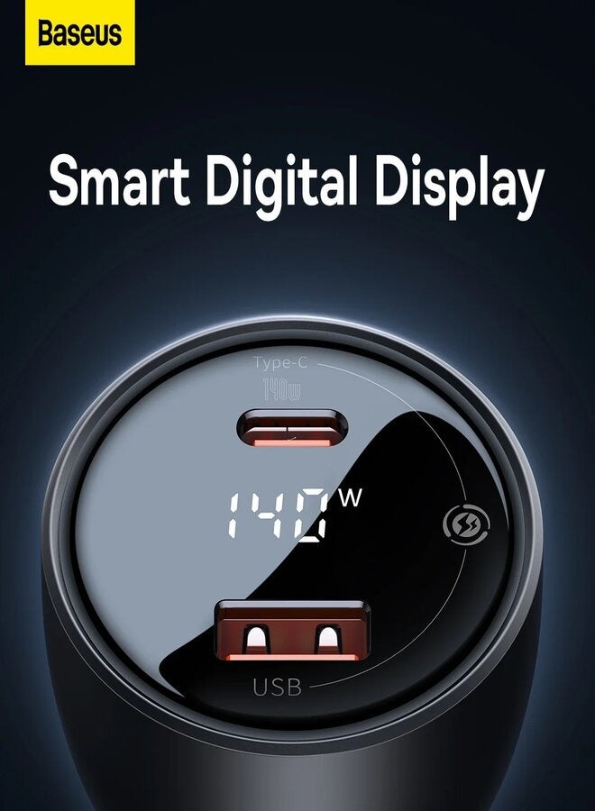 Baseus - Digital Display PD3.1 Dual Fast Charger Car Charger U+C 140W Set With C To C 240W 1m Black - Image 1