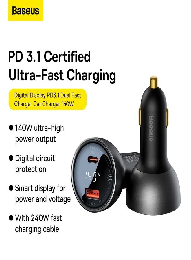 Baseus - Digital Display PD3.1 Dual Fast Charger Car Charger U+C 140W Set With C To C 240W 1m Black - Image 1