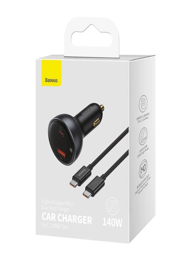 Baseus - Digital Display PD3.1 Dual Fast Charger Car Charger U+C 140W Set With C To C 240W 1m Black - Image 1