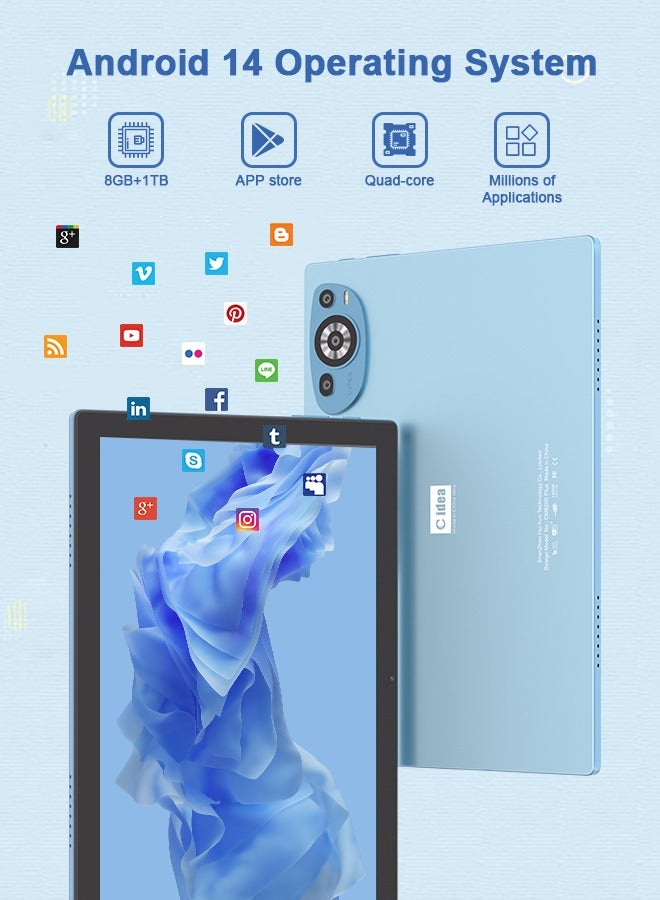 سي آيديا 10.1 Inch Android Tablet Pc 14 Dual Camera 8GB Ram 1TB Bluetooth with Sim and Keyboard CM8200plus-Blue  - Image 2
