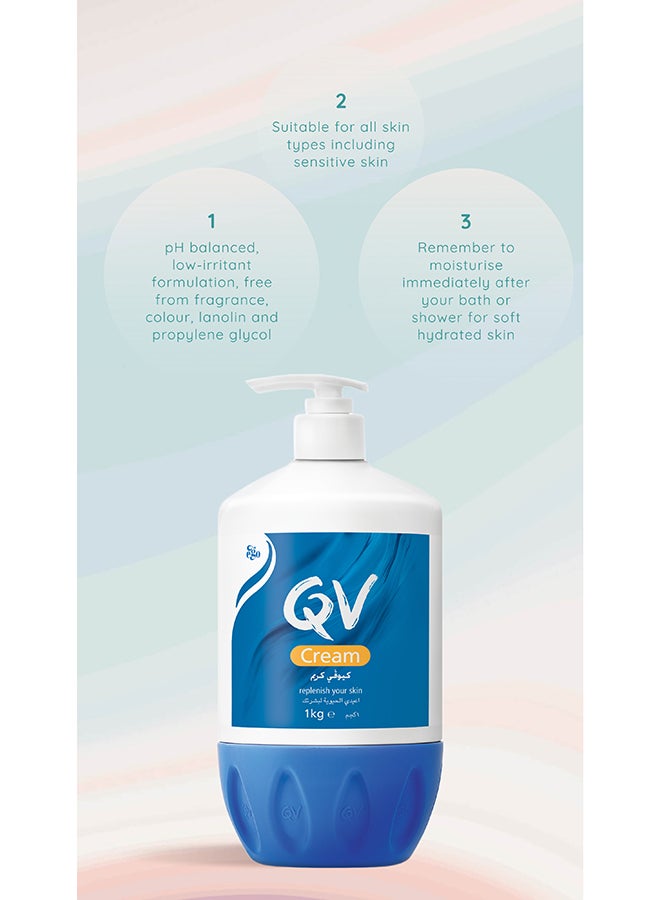 QV Cream Pump (1Kg) - for Extremely Dry & Sensitive Skin, Intensive Moisturizer with Squalane, Fragrance Free Non Greasy Hydrating Cream for Eczema Dermatitis & Psoriasis Relief 1kg - Image 4