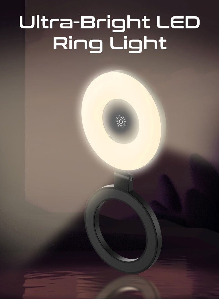 PROMATE - Portable LED Light, Adjustable Selfie Light with 300mAh Battery, MagSafe-Compatible Ring Design, 180-Degree Flip Function, Light Intensity Control and Three Lighting Modes, and Included 20cm Charging Cable, MagHalo Black - Image 1