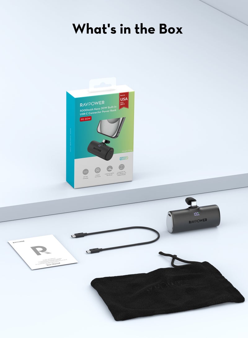 RAVPOWER - 5000 mAh Mini Power Bank with Built-in Type-C Charger and 20W Type-C Port with Type-C to Type-C Cable Black - Image 1