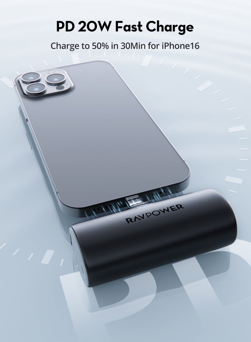 RAVPOWER - 5000 mAh Mini Power Bank with Built-in Type-C Charger and 20W Type-C Port with Type-C to Type-C Cable Black - Image 1
