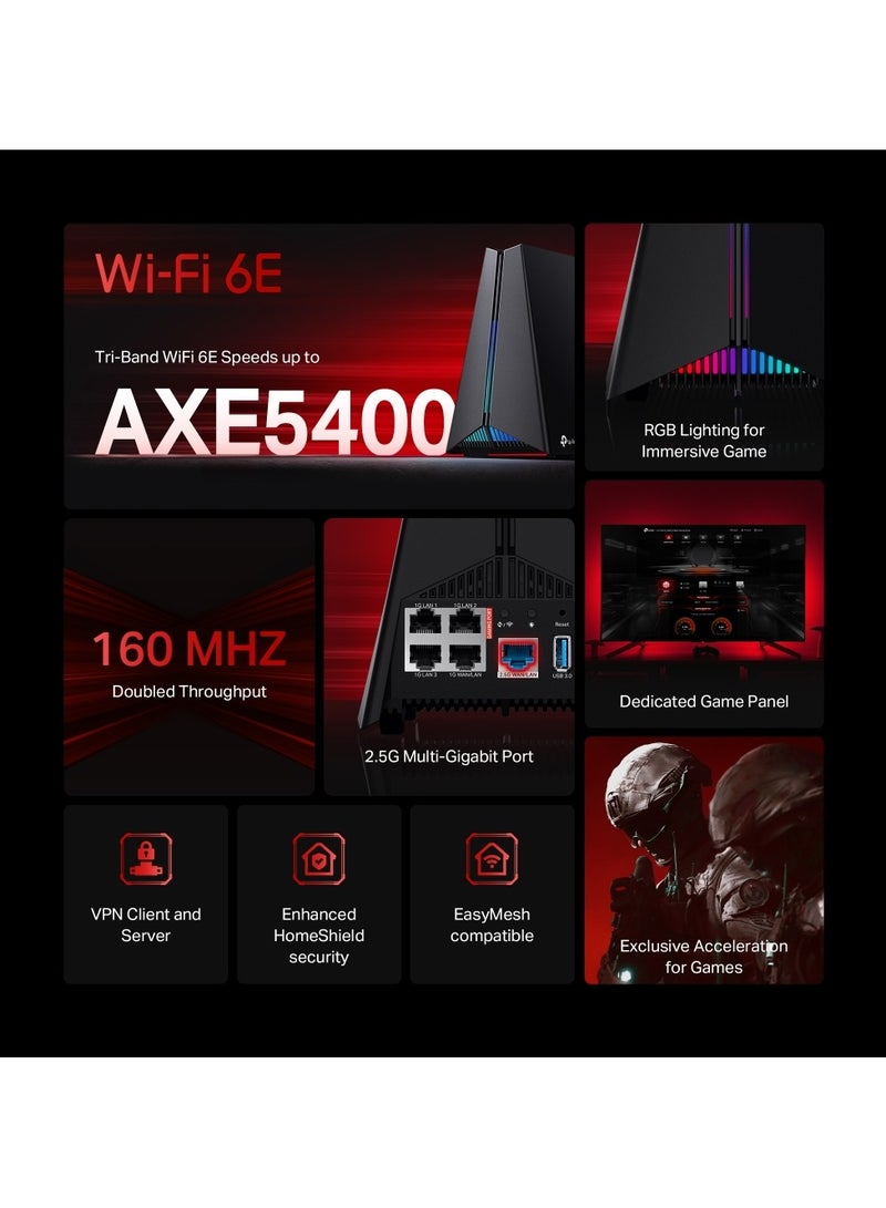 TP-LINK - AXE5400 Tri-Band Wi-Fi 6E Gaming Router, up 5.4Gbps, 2.5G Port, 6 GHz Band, Game Acceleration, HomeShield Security, Gaming & Streaming, Smart Home, EasyMesh Compatibility (Archer GXE75) Black - Image 1