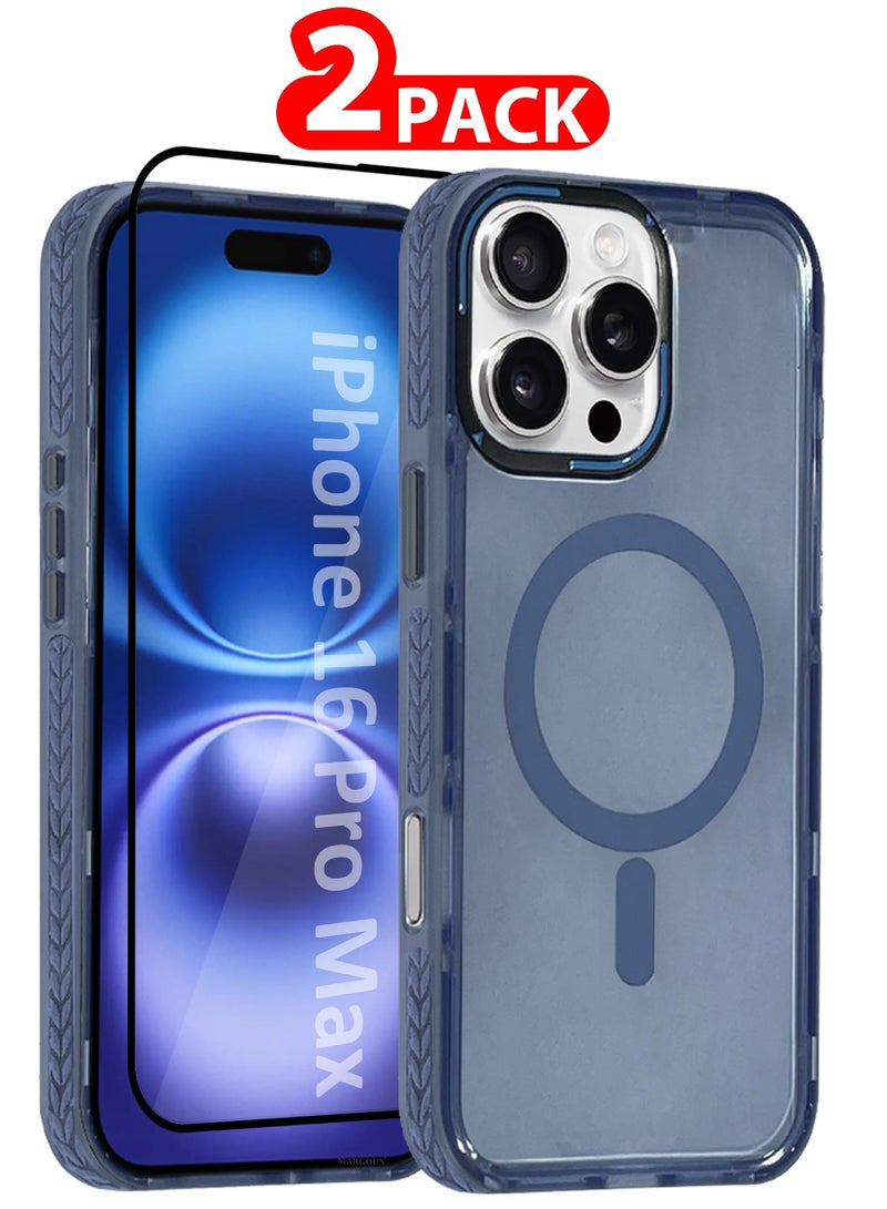 (for iPhone 16 Pro Max) 2Packs Hard PC Magsafe Case Cover Polycarbonate Magnetic Strong Shockproof Protective Case Cover Transparent - Light Blue-2