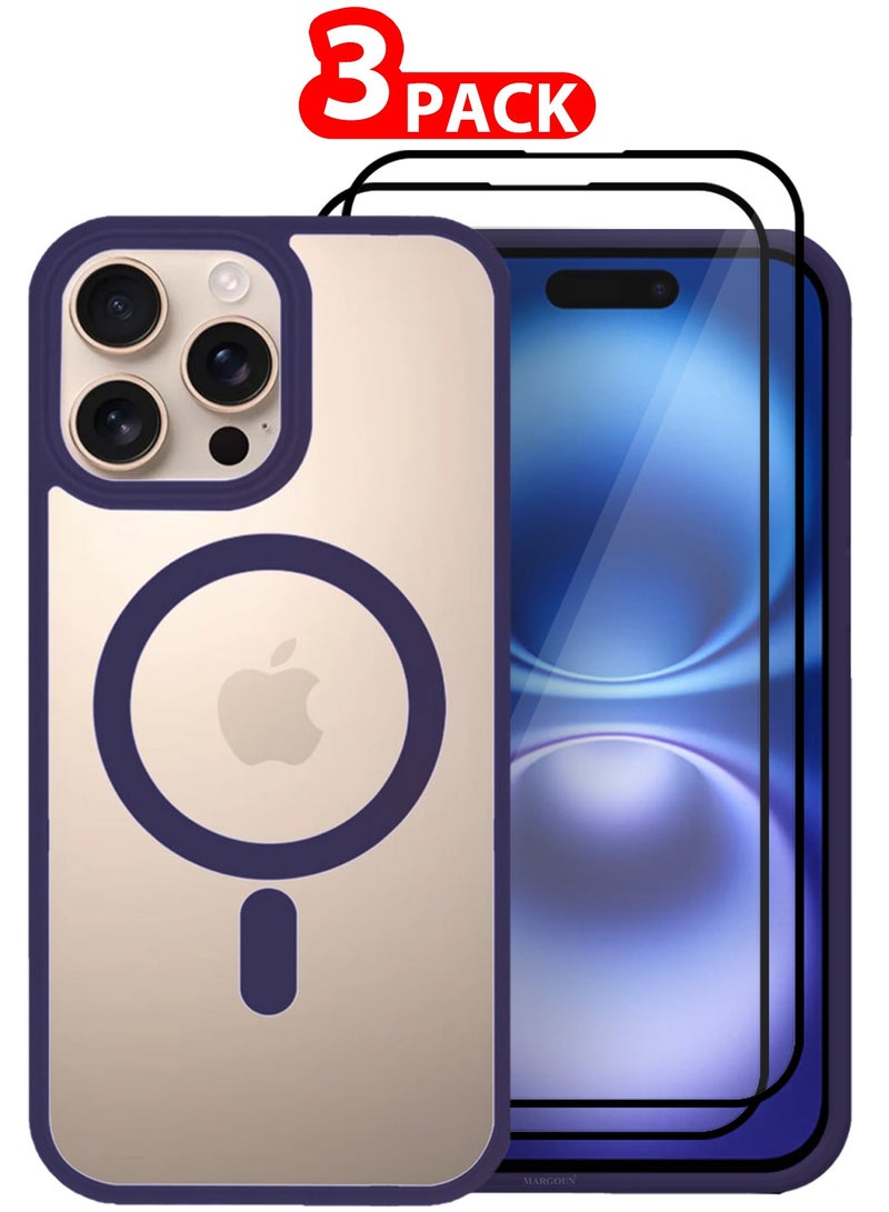 MARGOUN (for iPhone 16 Pro)  3Packs Magsafe Case Cover Sidecolor Magnetic Strong Shockproof Protective Slim Thin Translucent Cover with 2 Screen Protectors Deep Purple-3 - Image 1