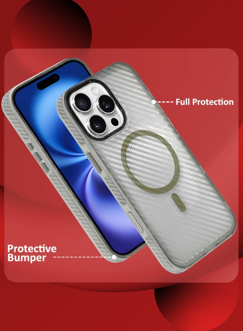 مارجون (for iPhone 16 Pro Max) Magsafe Case Cover Carbon Fiber Magnetic Strong Shockproof Protective Slim Thin Cover Transparent Matte - White - Image 2