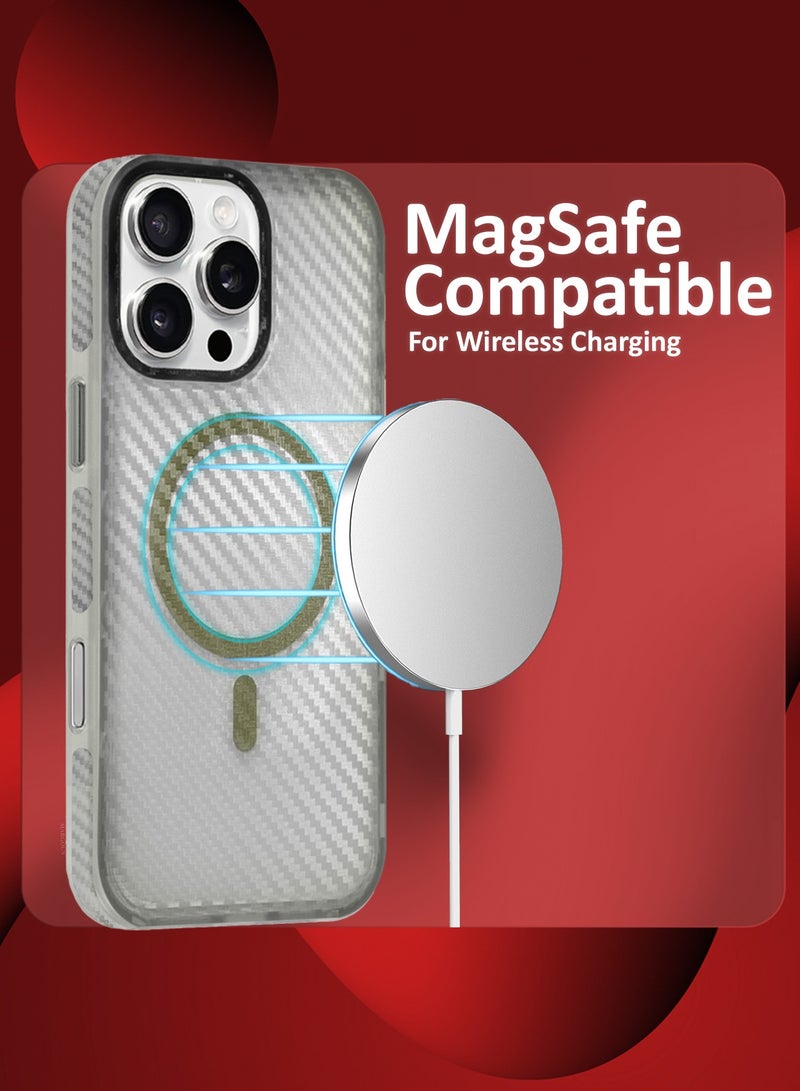 مارجون (for iPhone 16 Pro Max) Magsafe Case Cover Carbon Fiber Magnetic Strong Shockproof Protective Slim Thin Cover Transparent Matte - White - Image 4