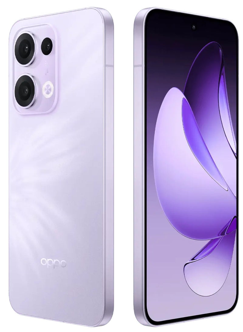 OPPO - Reno 13 Mobile 12GB+256GB Butterfly Purple features a 6.7-inch FHD+ AMOLED display with a 120Hz refresh rate, a 240Hz touch sampling rate, a 2,160Hz PWM dimming rate, Mediatek Dimensity 8350 chipset with Google play Chinese version - Image 1