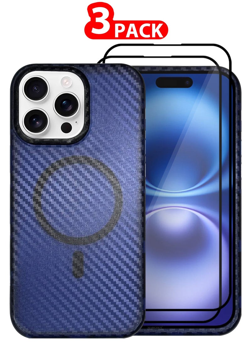 MARGOUN (for iPhone 16 Pro Max) 3Packs Magsafe Case Cover Carbon Fiber Magnetic Strong Shockproof Protective Slim Thin Cover Transparent Matte - Blue-2 - Image 1
