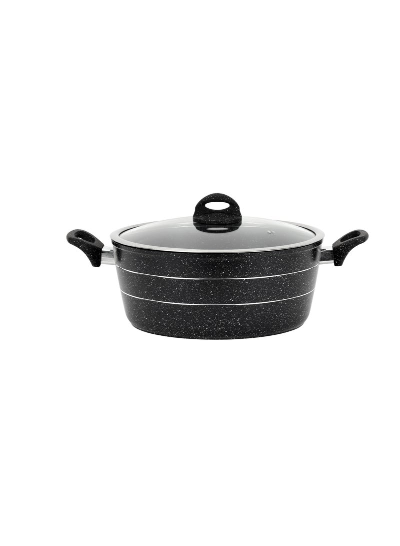 Royalford Royalford 28 cm Smart Granite Series Casserole- RF11867/ Forged Aluminium Cookware with Nonstick Granite Coating, Compatible with Induction, Hot Plate, Halogen, Ceramic, Gas Cooktops/ with Glass Lid and Soft Touch Handles, Perfect for Cooking Stews, Curries, Soups, Rice, Etc. Black 28 cm - Image 1