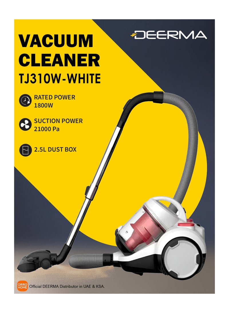 Deerma DEM - Horizontal Vacuum Cleaner, 5M Suction Pipe, 1800W Operating Capacity, 21000 Pa Suction Power, HEPA Filter, 2.5 Liters Dust Box, 82 dB Low Noise Operation and Three Brush Head 1800 W TJ310W White  - Image 1