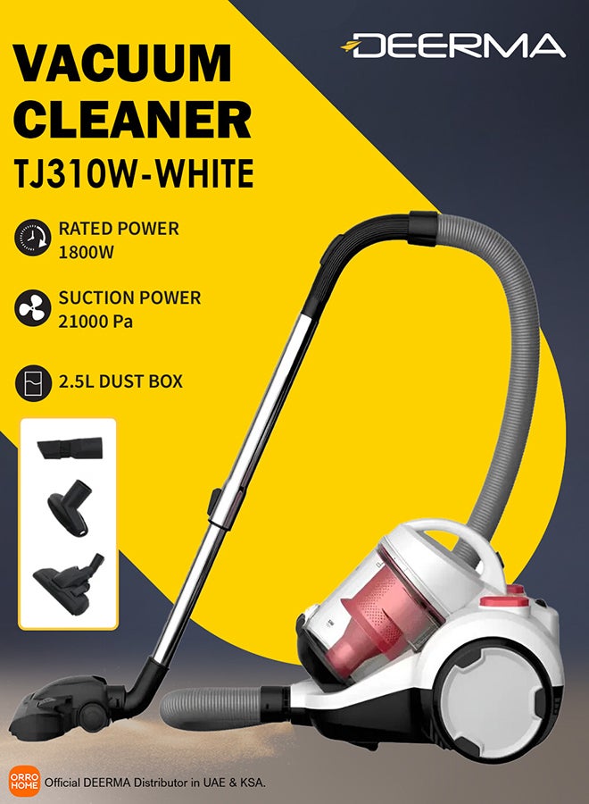 Deerma DEM - Horizontal Vacuum Cleaner, 5M Suction Pipe, 1800W Operating Capacity, 21000 Pa Suction Power, HEPA Filter, 2.5 Liters Dust Box, 82 dB Low Noise Operation and Three Brush Head 1800 W TJ310W White - Image 1