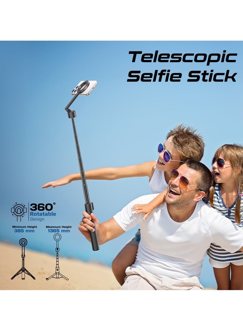 Universal Selfie Stick, Extendable MagSafe Compatible Selfie Stick with Integrated Tripod Stand, 10m Operating Range and Built-In Rechargable Shutter Remote Controller for Pictures, Videos, Smartphones, MagStick-Pro Black
