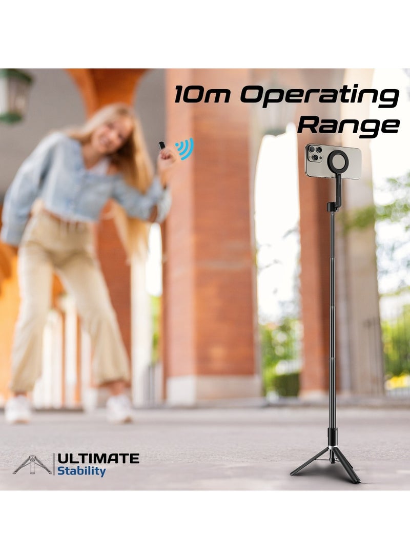 Universal Selfie Stick, Extendable MagSafe Compatible Selfie Stick with Integrated Tripod Stand, 10m Operating Range and Built-In Rechargable Shutter Remote Controller for Pictures, Videos, Smartphones, MagStick-Pro Black
