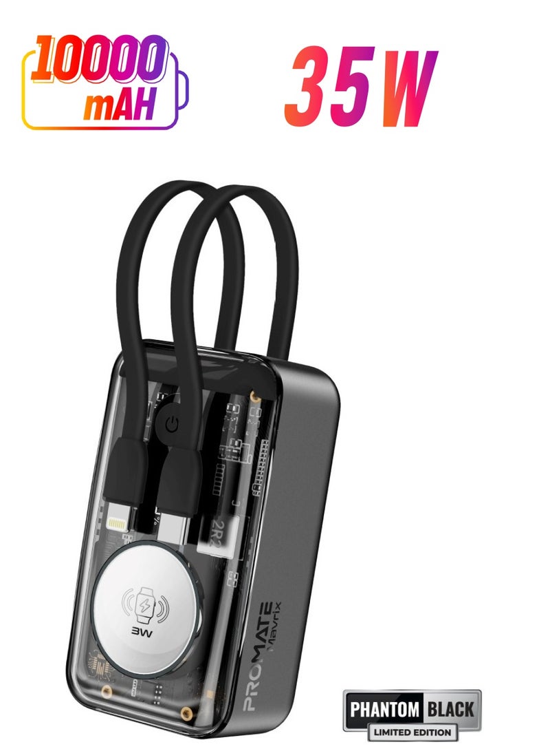 PROMATE 10000 mAh Power Bank with Built-in Cables, Transparent Power Bank, 35W USB-C PD Cable, 12W Lightning Cord, USB-C in/out Port and 3W Smartwatch Charger for Smartphones, Tablets, Apple Watch, Mavrix Black  - Image 1