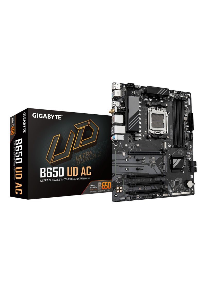 جيجابايت - GIGABYTE B650 UD AC 1.0 AMD B650 UD AC AMD Socket AM5：Supports AMD Ryzen™ 7000/ Ryzen™ 8000/ Ryzen™ 9000 Series Processors Unparalleled Performance：6+2+2 Phases Digital VRM Solution Dual Channel DDR5：4*SMD DIMMs with AMD EXPO™ & Intel® XMP - Image 1